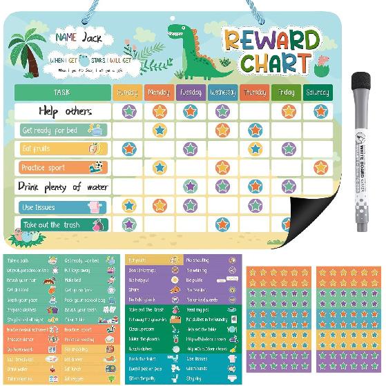 Reward Chart for Kids, Dinosaur Magnetic Behavior Chart for Kids at Home with 26 Chore Charts, 120 Magnetic Star Stickers Dry Erase Responsibility