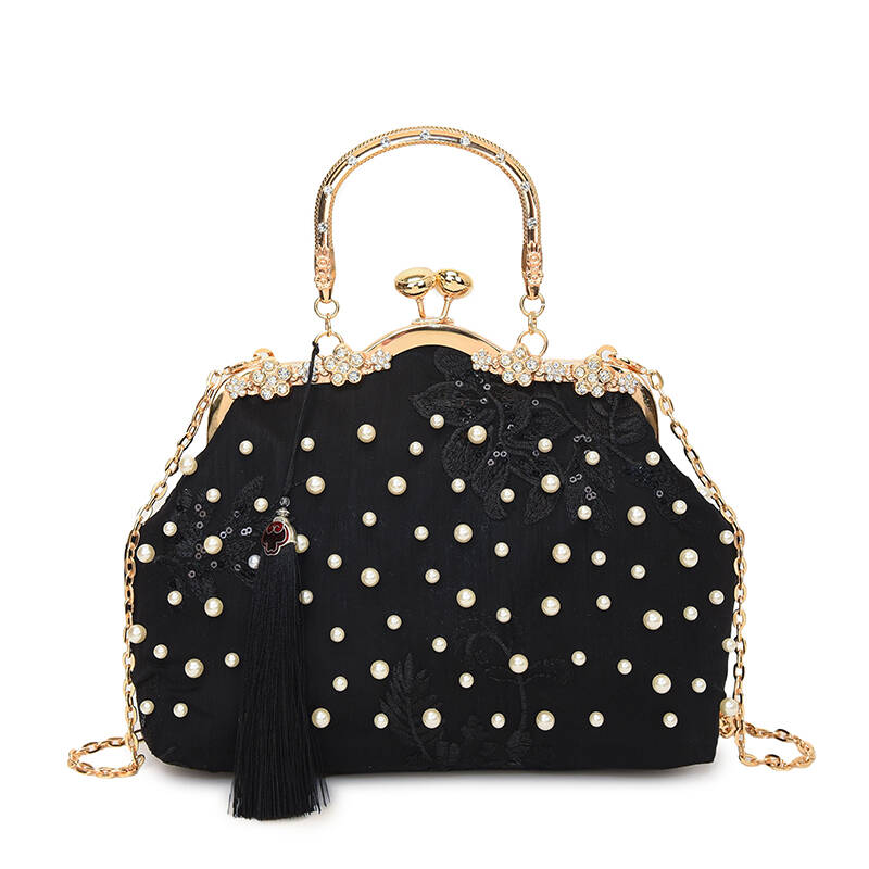 Fashi Chinese-Style White Pearl Embroidered Handbag Vintage Metal Clasp Evening Clutch Fringe Pendant Women's Handbag