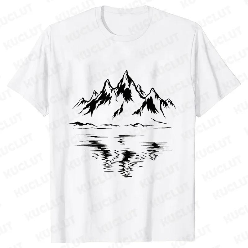 Herr-T-shirt med bergstryck 100% bomull bekväm kortärmad T-shirt för sommaren