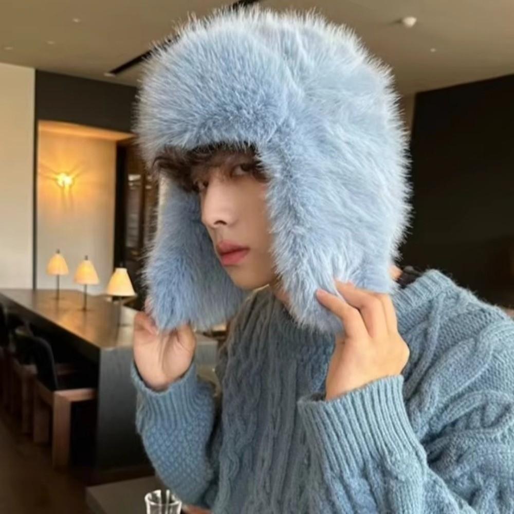 Anti-cold Faux Fur Pilot Cap Solid Color Ear Protection Hat Plush Men Women Pilot Hat Daily