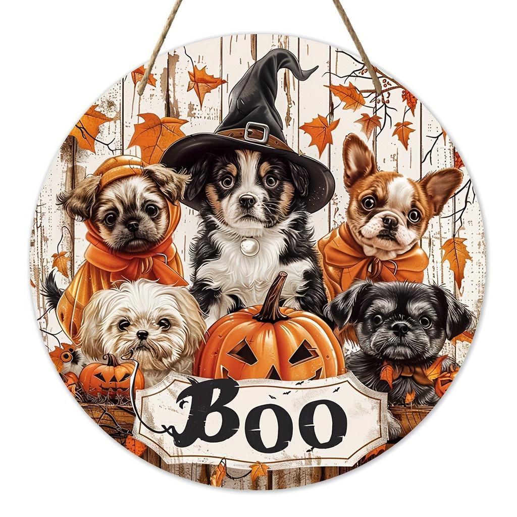2d Flat 20*20cm, Halloween Home Decoration Featuring Wooden Circular Creative Logos Featuring Wizards, Dogs, and Pumpkins, for Home, Garden, Kitchen