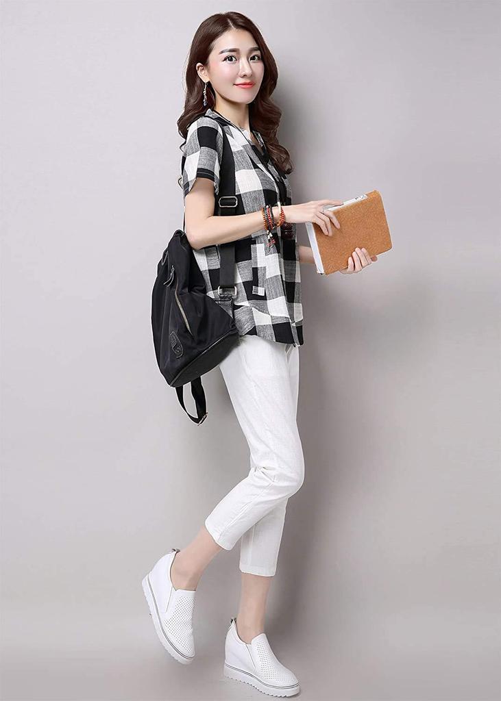 Summer Gingham Check Shirt Checkered Korean Casual Short Large Tunic Top [Sharphon] Women's Blouse, Black, Pattern, Style, Shirt, Sleeve, Size,