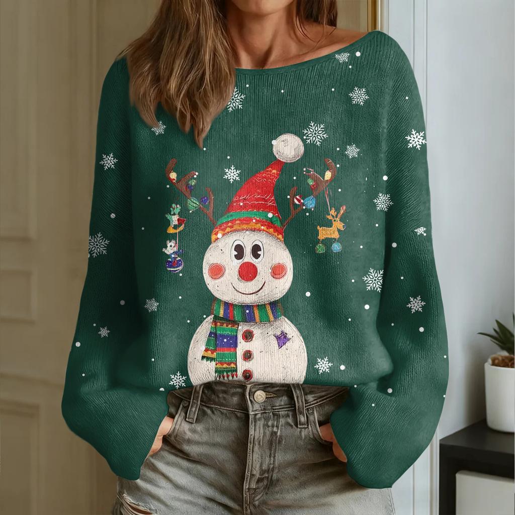 Women's Fashion Round Neck Long Sleeve Christmas Print Casual Pullover Sweater Top