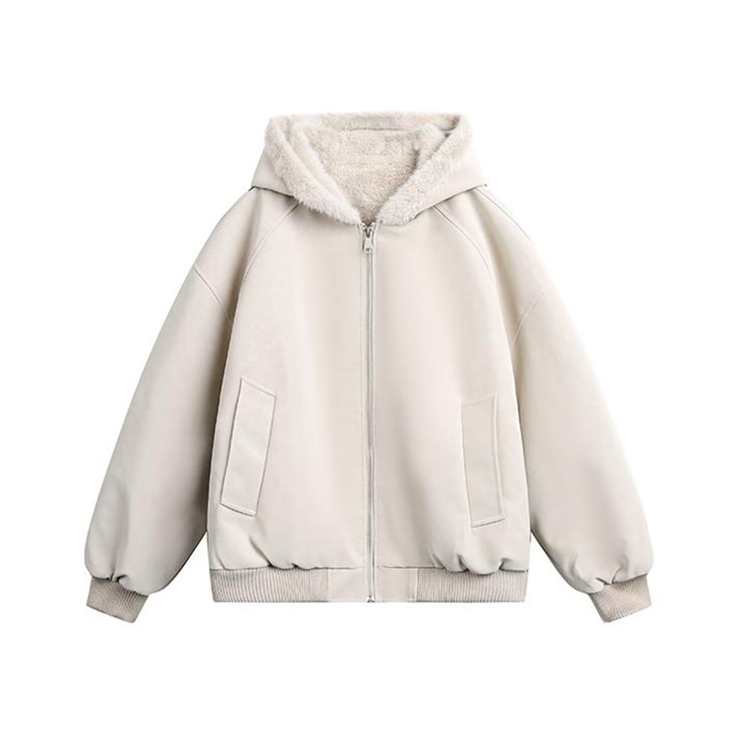 

Unisex American-Style Hooded Puffer Leather Jacket - Thickened Warm Lambswool Winter Outerwear. 3XL бежевий