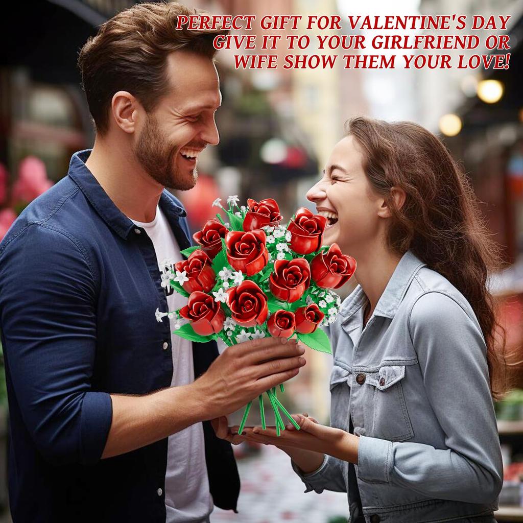 Kit de construction Bouquet de Roses Ensemble de Décoration de Fleurs Artificielles 458 Pièces Rose Rouge Romantique Cadeau Pour la Fête des Mères la Saint-Valentin