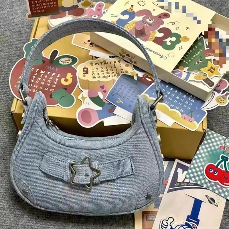 Vintage Casual Cute White Star Shoulder Underarm Tote Bag Ladies Sling Bags Leather Zip Purses Handbags For Women