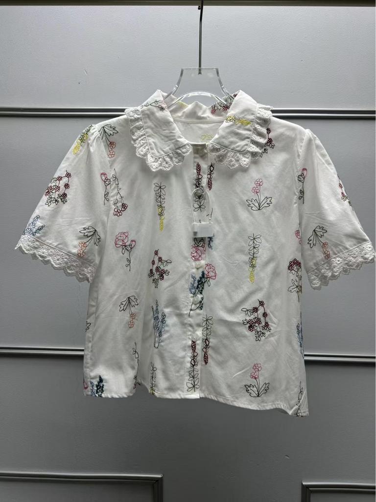 French Floral Embroidered Lace-Trim Lapel Short-Sleeve Loose Shirt for Women