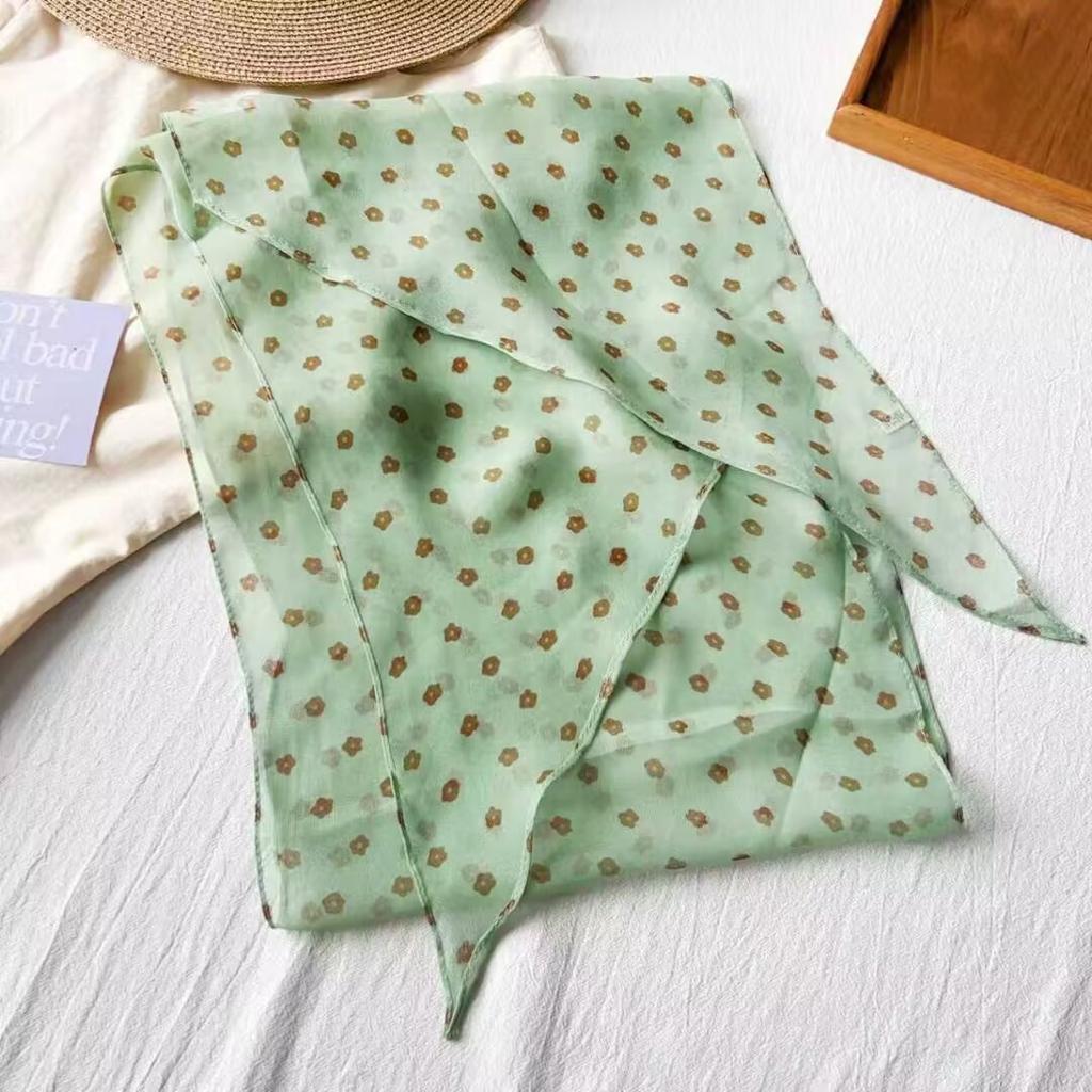 Korean green polka dot silk scarf female atmosphere thin neck streamer high-end long yarn small scarf accessories