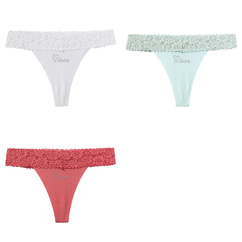CINOON 3 Stück/Los Damen Sexy Niedrig geschnittener Tanga Spitze am Bund Nahtloser Slip Einfarbiger Leichter Atmungsaktiver Tanga
