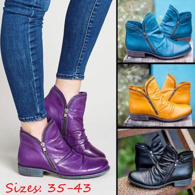 Damenmode, klobiger niedriger Absatz, Reißverschluss, Stiefeletten, einfarbig, kurze Stiefel aus Kunstleder, lässig, flach, Herbst- und Winter-Damen-Slip-On-Schuhe