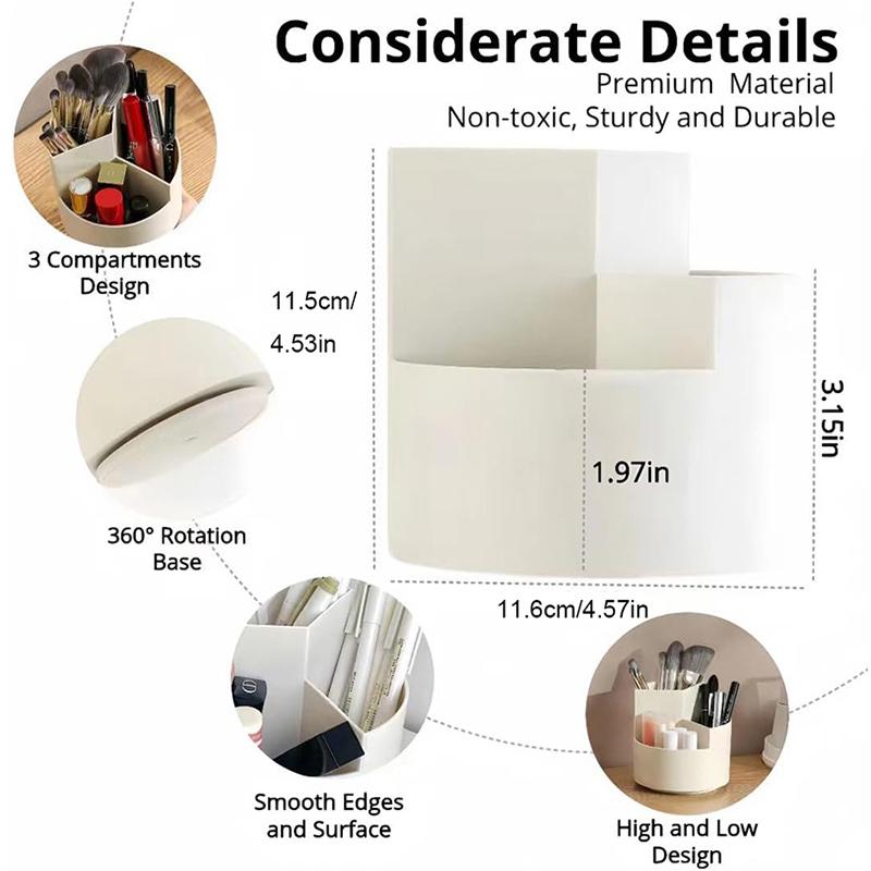 360 Rotating Pencil Pen Holder 3 Slots Makeup/Cosmetics Brushes Storage Organizer For Desk Table Vanity Countertop