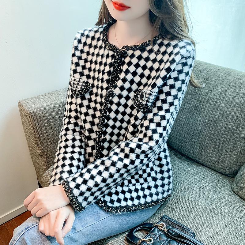 Checkered Autumn Fragrance Celebrity Style Coat for Women's Short Small Versatile Luxury and Elegant Style Thousand Bird Grid Red