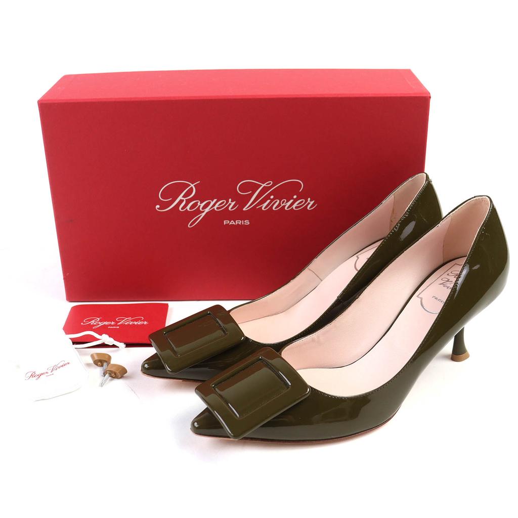 Nienaganne czółenka ROGER VIVIER Viv in the City Szpiczasty nosek khaki Lakierowana skóra 37 Używane