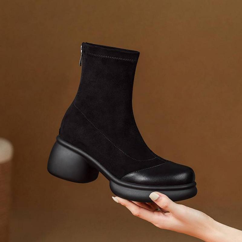 Korean Round Head Elastic Suede Fashion Boots Women's Thick-soled Medium Heel Large Size Women's Boots Rear Zipper Autumn and Winter Mid-tube Boots