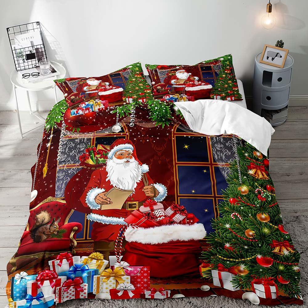 Red Christmas Hat Elk Three-Piece Quilt Cover 3D Digital Printing Bedding Set Bed Cover