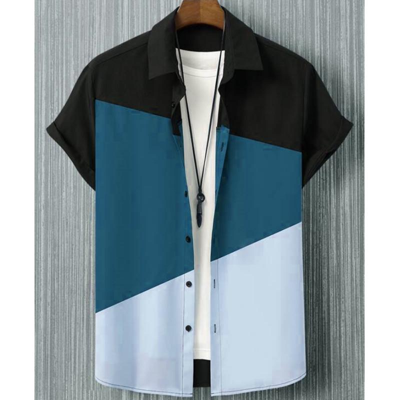 Patchwork Plaid Printed Men’S Clothing Summer Casual Short Sleeved Daily Street Tops Loose Oversized Shirt