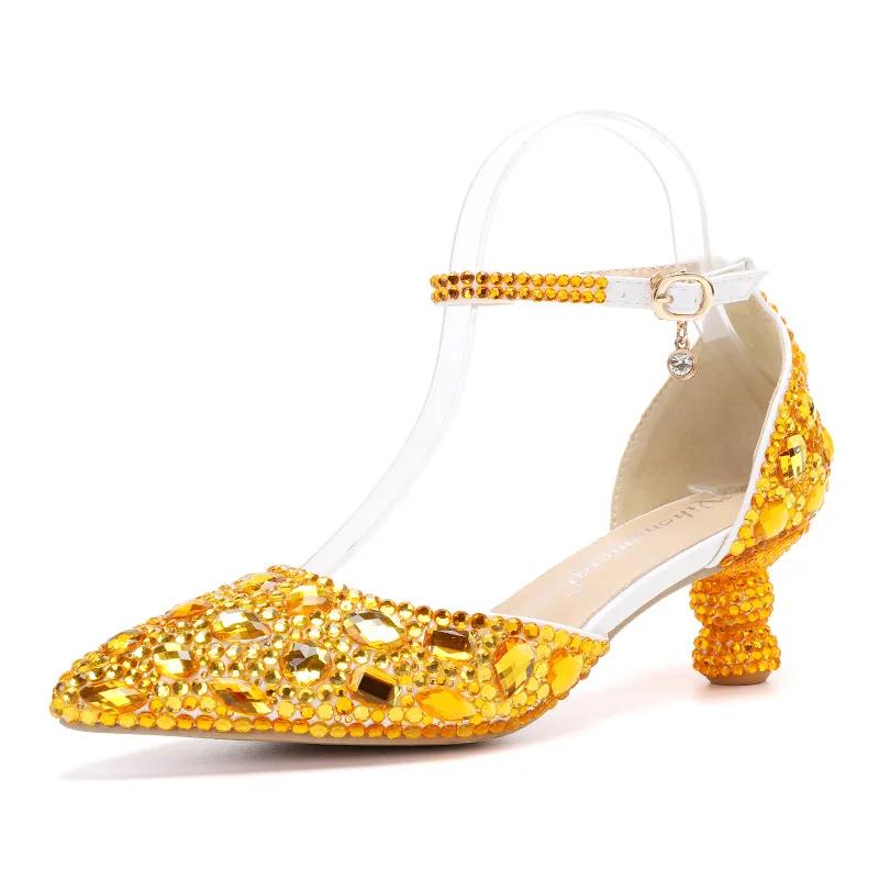 

Роскошные женские сандалии Модные Высококачественные Туфли со стразами Свадебные женские Новые с открытым носком На высоком каблуке С пряжкой Sandalias De Mujer 43 43 жёлтый