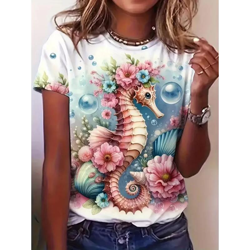 Fashion Women's Crew Neck T-Shirt Crew Neck Short Sleeve 3D Color Printing