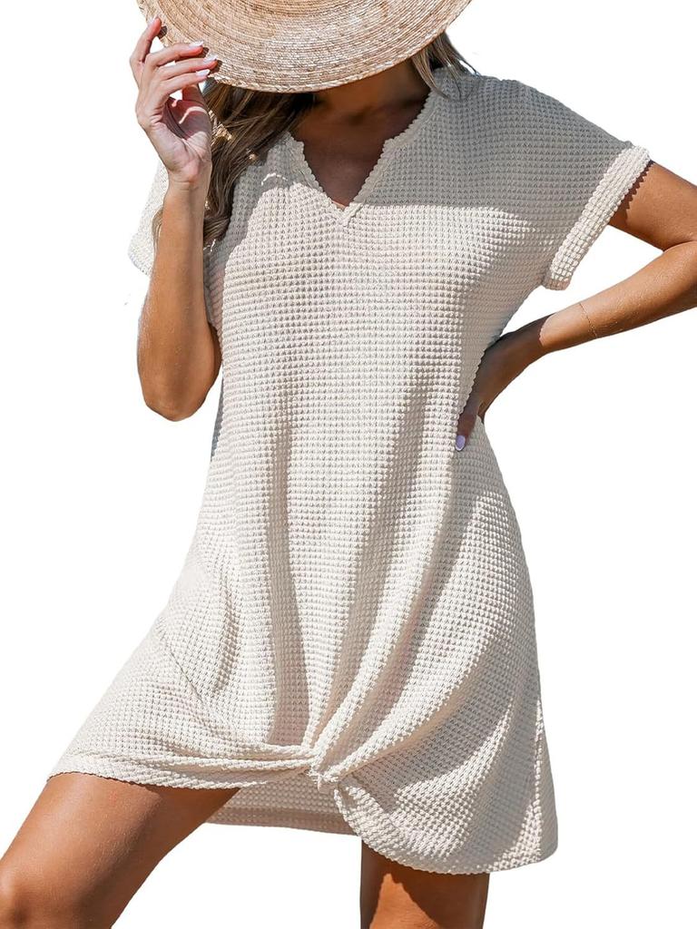 Women's Summer New Beach Dress V-Neck Knotted Cover-Up Ruffle Dress In Stock