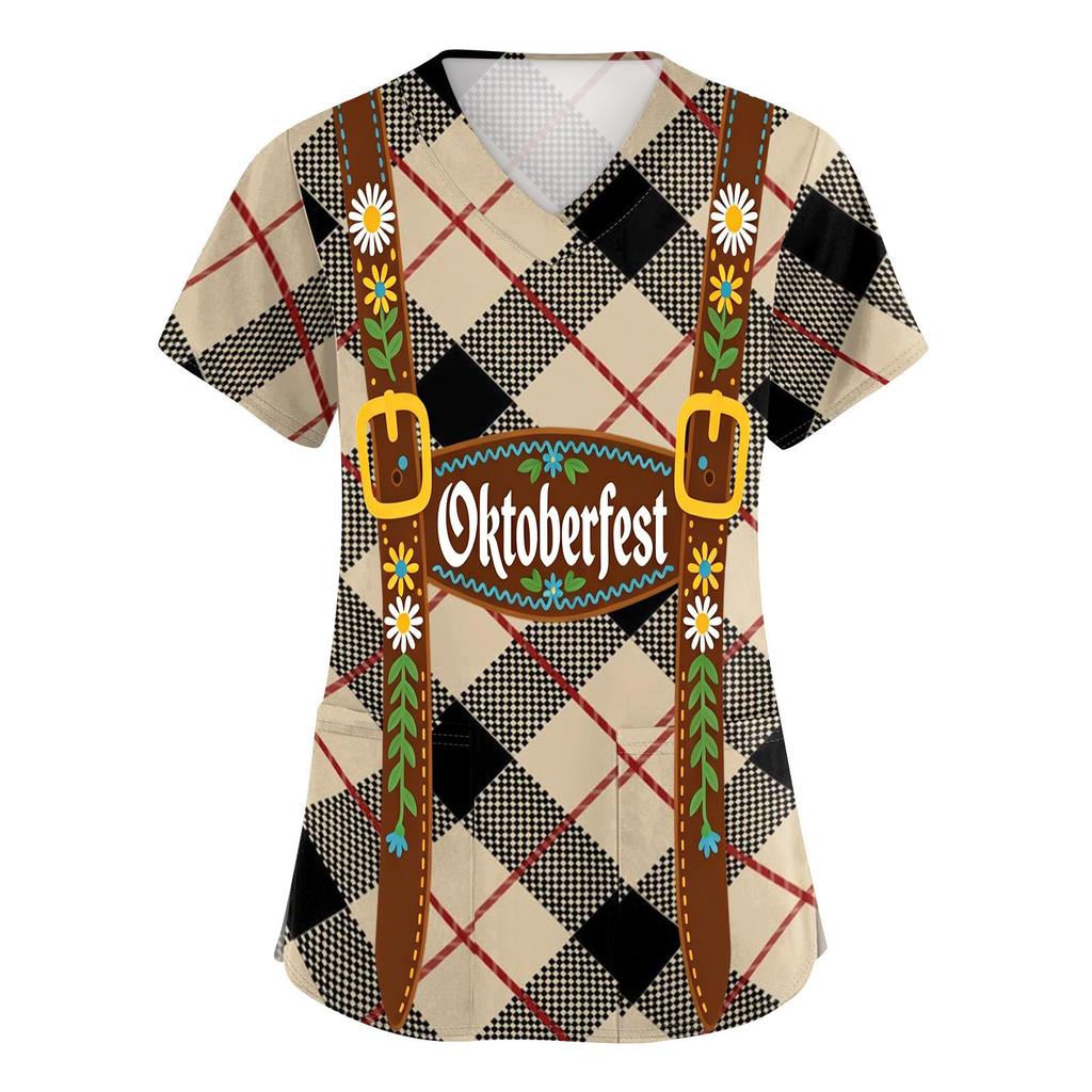 Women's V Neck Short Sleeve Work Shirt with Pockets Oktoberfest Print Lightweight Comfortable Fit Casual Top for Healthcare and Service Staff