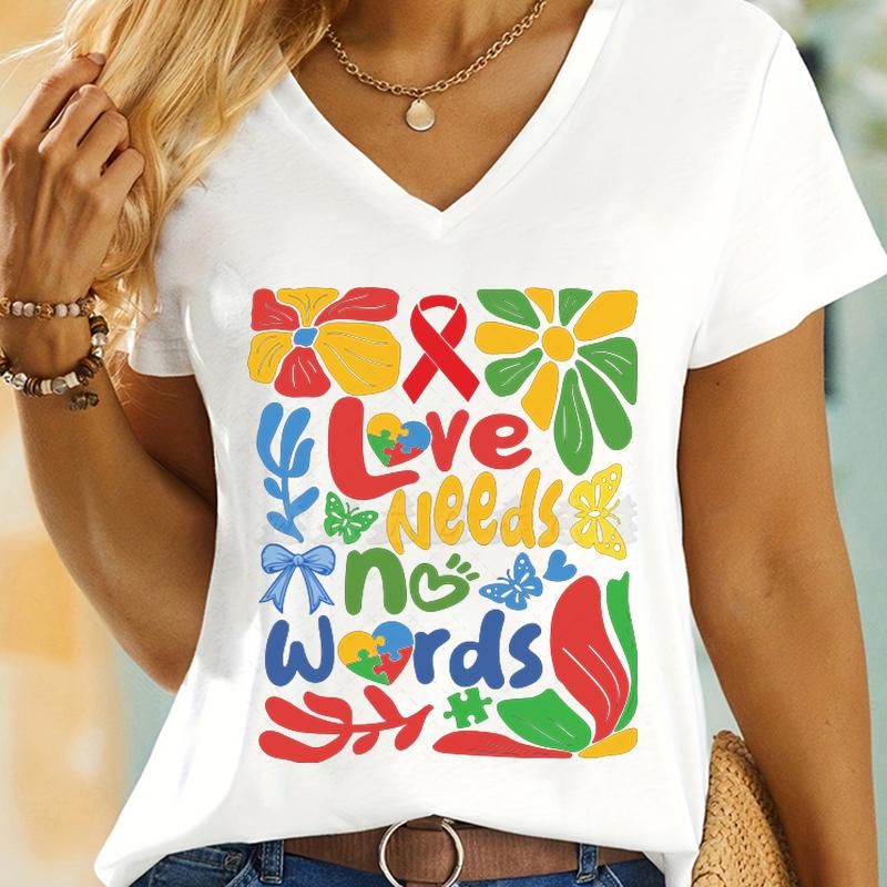 Autism Awareness T Shirt Love Needs No Words TShirt Women Autism Support Gift Neurodiversity Shirt Autism Mom Vneck Top Tees