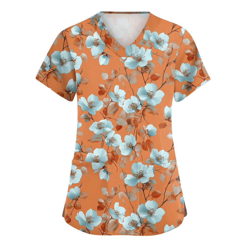 Women's Fashionable V-neck Workwear Printed Short Sleeved Pocket Side Slit Workwear Basic Pullover Top