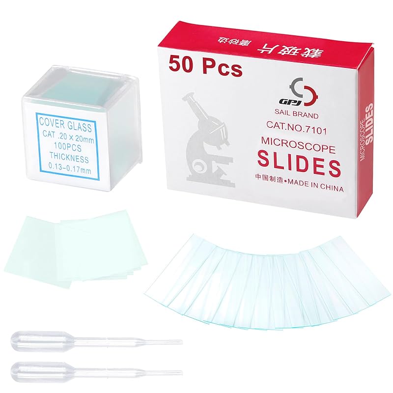 Microscope Slides Clear Glass 50 Pcs Blank Microscope Slides Ground Edges 1 x 3 with 100pcs 20mm x 20mm Microscope Cover Slips Glasses for Basic Microscope Slides Set
