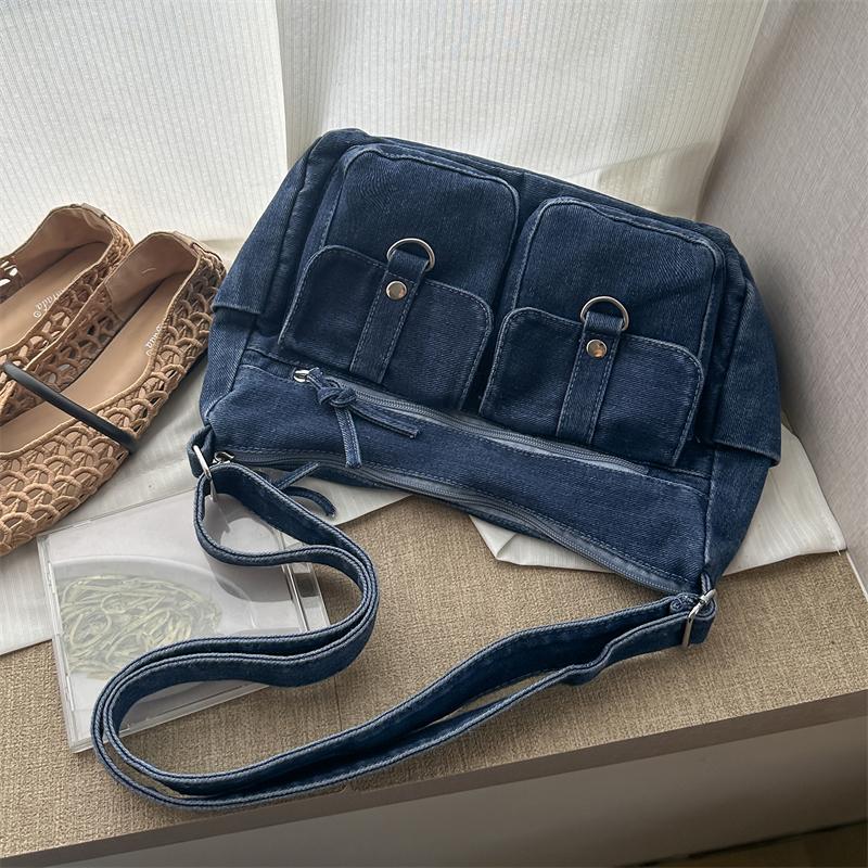 Denim Crossbody Bag Multi Pocket Shoulder Handbag with Adjustable Strap