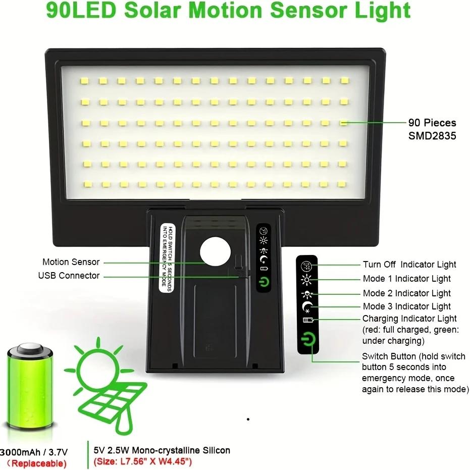 Solar OutdoorLights Motion Sensor with Control Security Flood Waterproof Light 4 Modes 90 LEDs Wall Lights for Porch Yard Garden