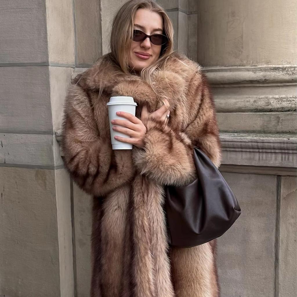 European and American autumn and winter new suit collar fox fur jacket artificial fur striped extended coat