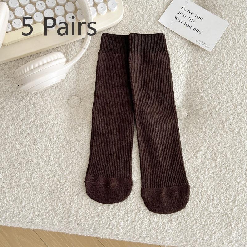 

5 пар женских осенне-зимних носков из чистого хлопка, однотонных, с вертикальными полосками и ворсом 5 Pairs кофейный