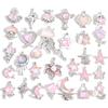 10Pcs Alloy Mixed Style, Inlaid Pink Resin Rhinestone Star And Moon Pendant, Diy Necklace, Bracelet Accessory