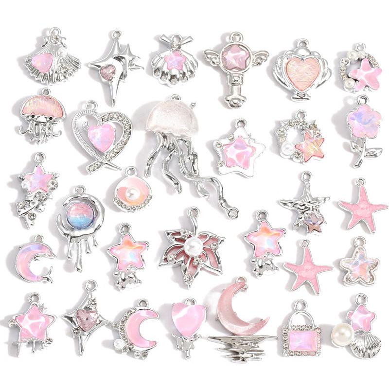 10Pcs Alloy Mixed Style, Inlaid Pink Resin Star And Moon Pendant, Diy Necklace, Bracelet Accessory