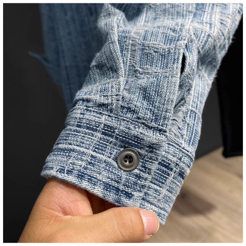 Camicia in Denim da Uomo Vintage Lavato e Texturizzato Manica Lunga Bottoni Tasca sul Petto Casual Vestibilità Larga Camicia in Jeans