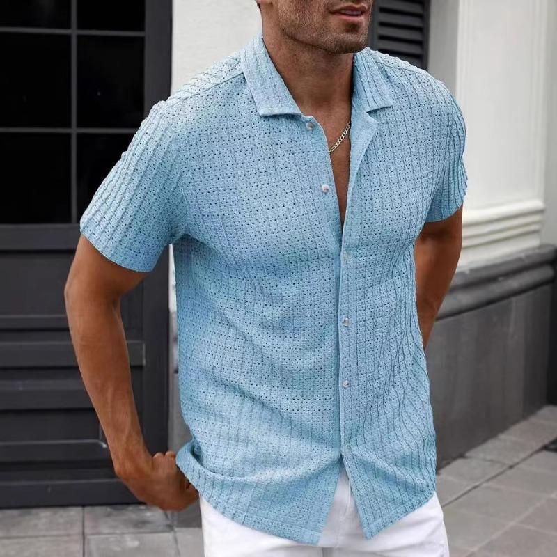 Summer New Solid Color Jacquard Hollow Lapel Shirt Men's Casual Sports Tops