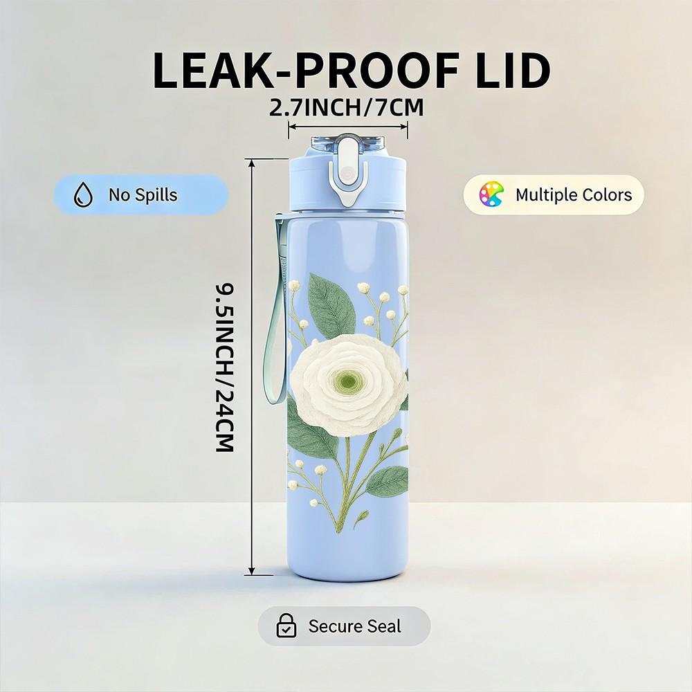 1PC Single White Peony Bloom 750ml Color Plastic Sports Water Bottle Leakproof Flip Straw Lid For Sports Office Home Use