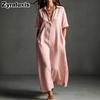 Women's Spring Summer New Cotton Linen Simple Elegant Solid Color Short Sleeve Stand Collar Dress