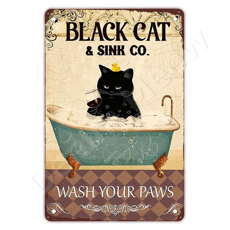 Funny Bathroom Quote Metal Tin Sign, Black Cat, Wash Your Paws, Poster for Home, Bathroom, Cafe, Wall Decor, Gift for Women