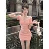 Korean college style fake two-piece slim-fit dress women's summer spice girl niche pleated waist and thin hip skirt