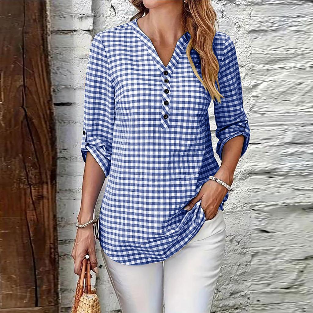 Women's Casual Plaid V Neck Long Sleeve Loose Fit Shirt Top