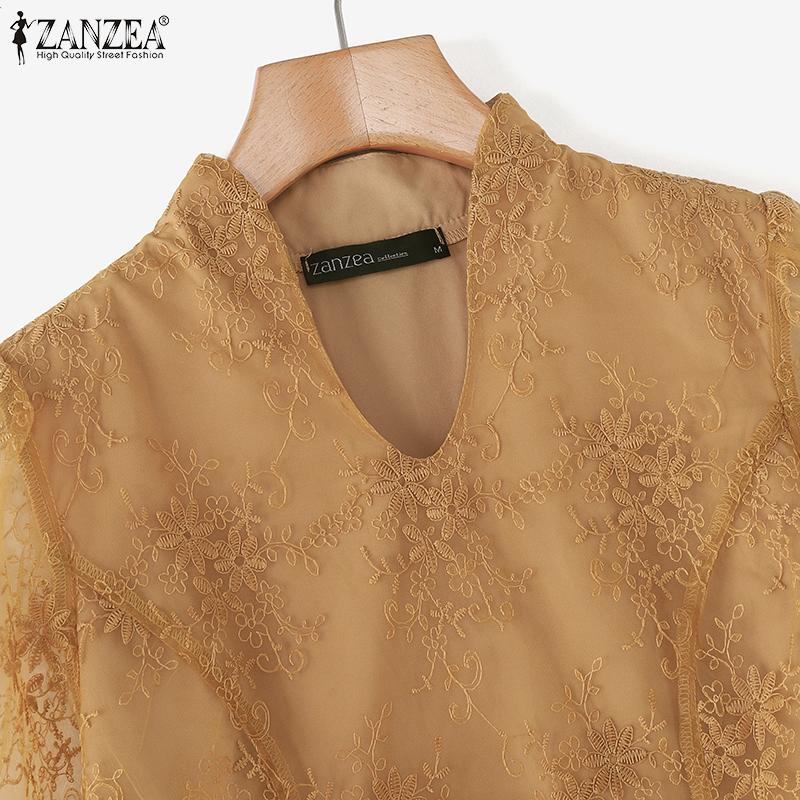ZANZEA Women Summer V-Neck 3/4 Sleeve Lace Waist Blouses