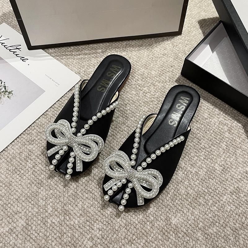 Women Slippers Summer Baotou Half Slippers Butterfly-knot Pearl Design Slippers for Women Non Slip Flat Slipper Chanclas