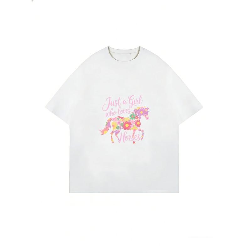 Weißes T-Shirt mit floralem Pferd und Aufdruck 'Just A Girl Who Loves Horses' für Freizeitkleidung