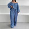 Ținută din 2 piese pentru femei, top cu mâneci lungi cu umerii goi, set de pantaloni cu talie înaltă și picior larg, casual, mărime plus, pentru ieșit, set de lounge