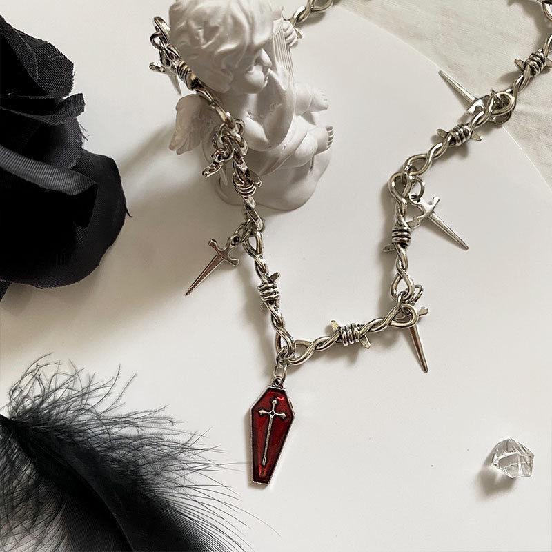 YK2 Hot Girl Dark Coffin Cross Sword Necklace - Harajuku Hip Hop Retro Chain