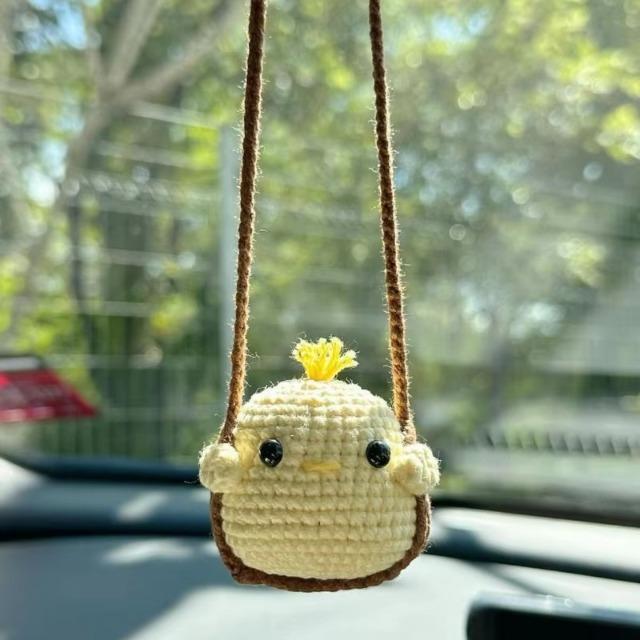 Handmade Crochet Animal Car Charms - Soft Yarn Crafted Frog Penguin Chick Pendants Cute Rearview Mirror Decorations for Vehicle