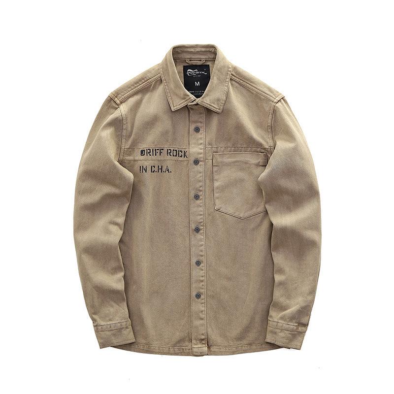 

Men s Retro Washed Denim Shirt Retro Workwear Style Letter Printed Long Sleeved Button Up Shirt XXL хакі