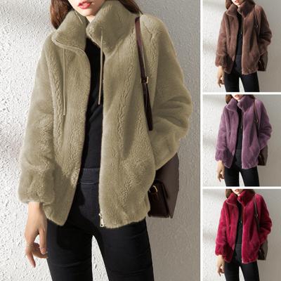 Abrigo de invierno para mujer, cuello alto, protección para el cuello, doble cara, grueso, de felpa, color sólido, mangas largas, cierre de cremallera, cárdigan, chaqueta de viaje para uso diario