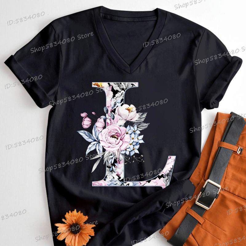 Womens Clothing AZ 26 Alphabet Flower Vintage Design Tshirts Retro Birthday Gift for Women Floral Letters A B C D Classic Top