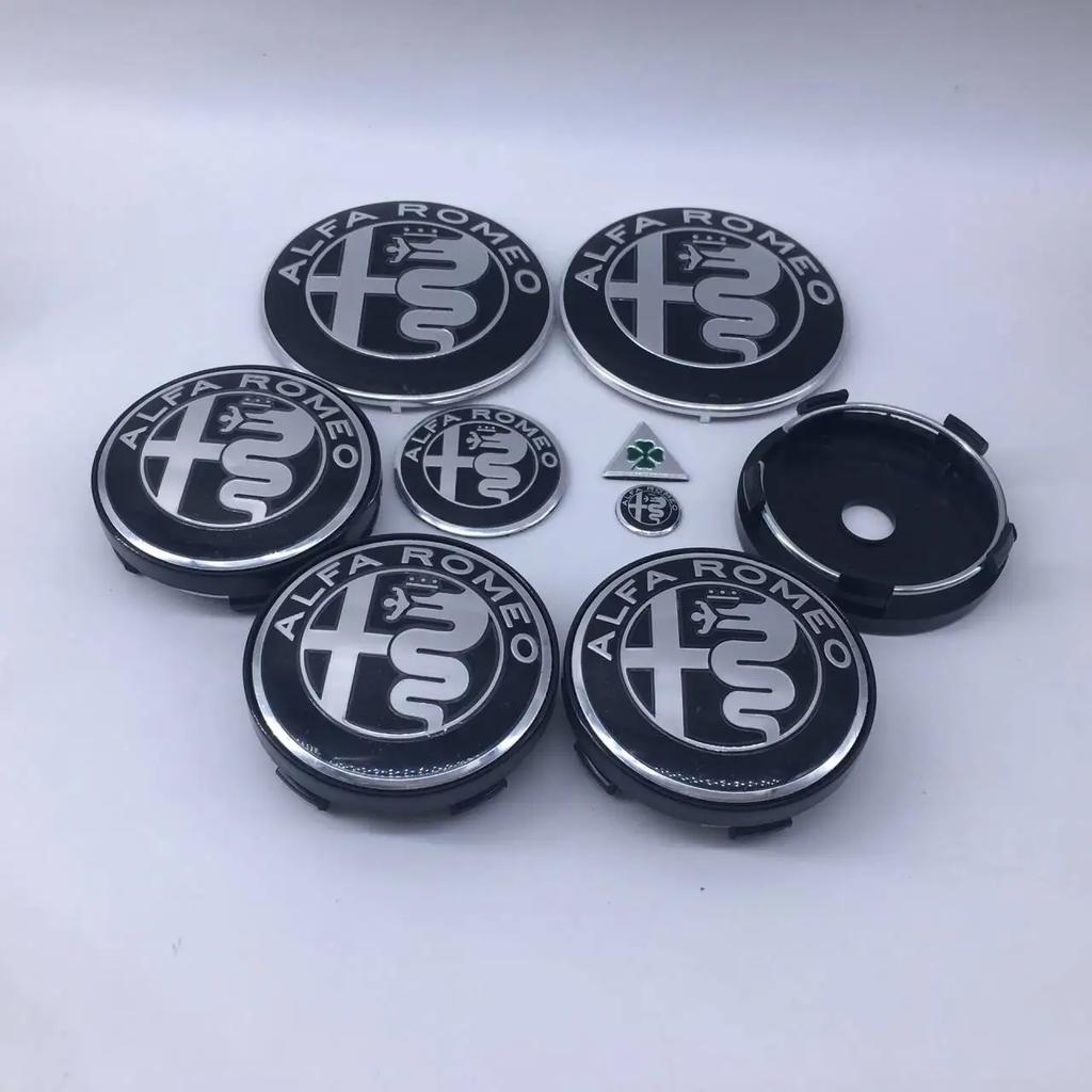 1sets 9pcs ForAlfa Romeo T60 060 60mm Black Caps 74mm Steering Wheel Badge Car Hood Front Emblem Giulia Stelvio Mito